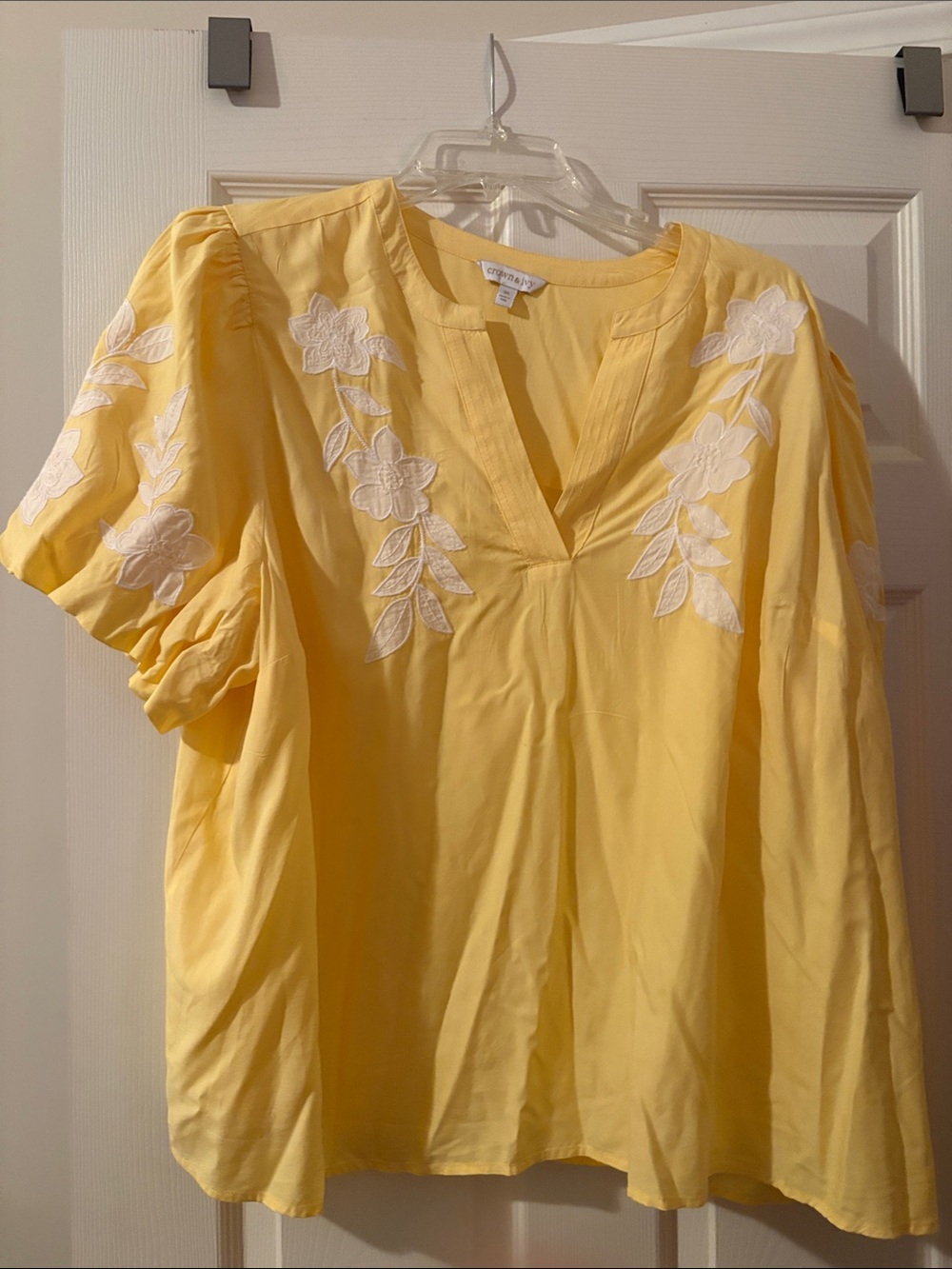 crown & ivy Yellow V-Neck Blouse with White Floral Embroidery